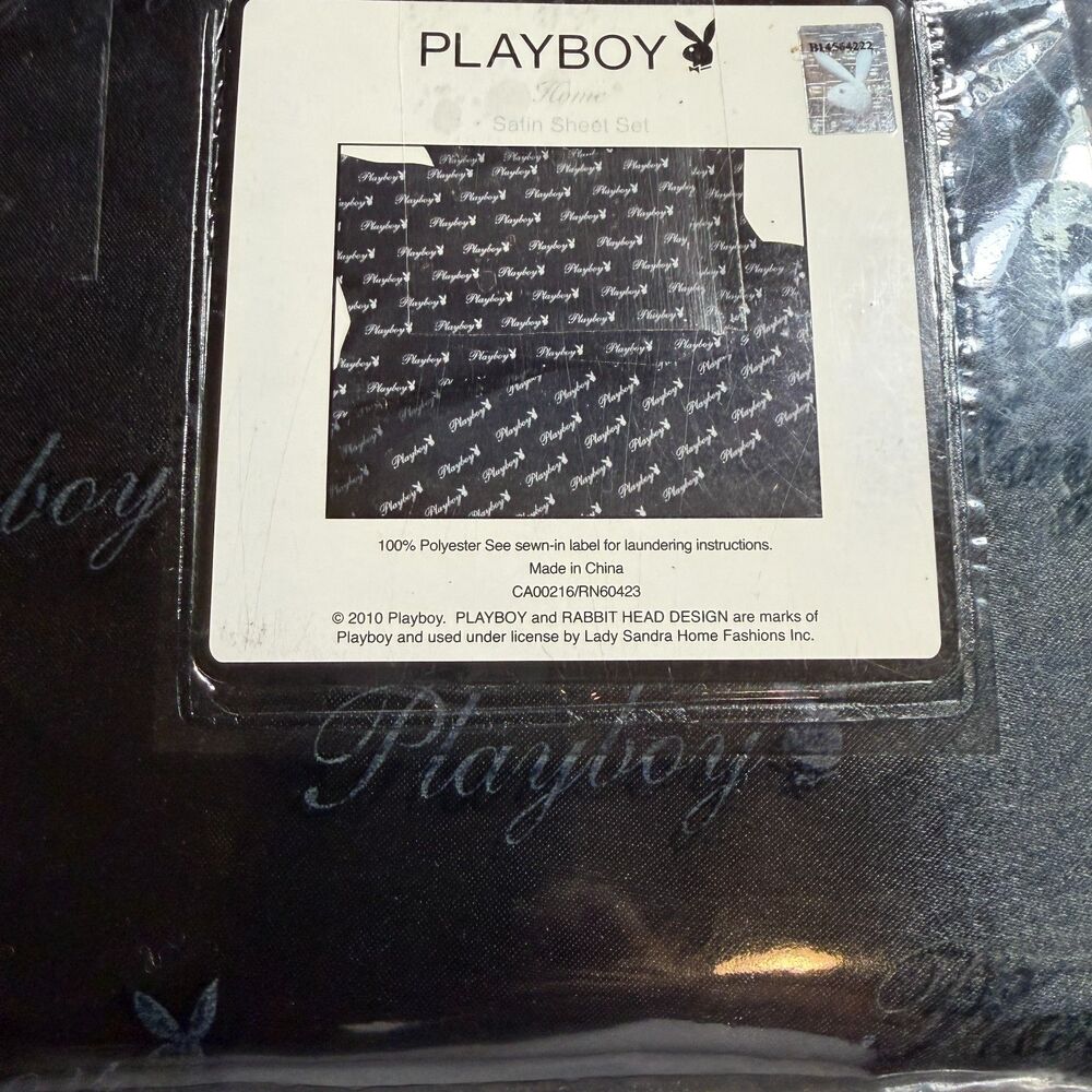NWOT Playboy Bunny Black Satin Sheets Twin Flat Fitted 2 Pillow Cases in zip bag